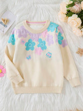 1pc Young Girl Sweet Daily Casual Knit Pullover Sweater, Baby Girl Multi-Color Floral Jacquard Round Neck Loose Knit Top, Autumn